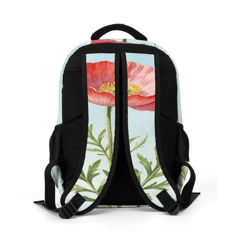 Back view of Red Poppy Watercolor Print Backpack For Men And Women, Large Capacity Unisex Daypack showing breathable fabric and straps