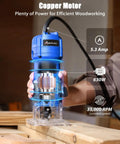 630W Compact Wood Router With Fixed Base And Beast Mode 35000 Rpm Motor for precise trimming on wood, shown in use.