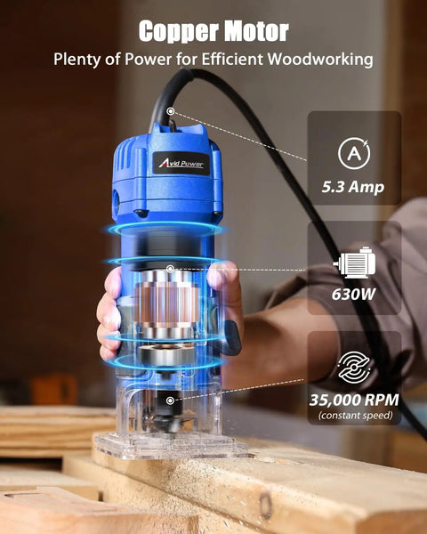 630W Compact Wood Router With Fixed Base And Beast Mode 35000 Rpm Motor for precise trimming on wood, shown in use.