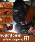 Welder wearing Flame Resistant Heavy Duty Leather Welding Jacket Built Tough With Split Cowhide For Maximum Heat And Spark Protection Kevlar Thread Seams Pro Grade Welders Workwear Medium, showing collar and cuffs.