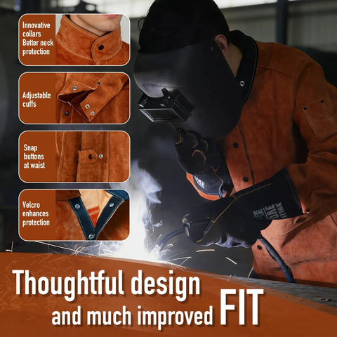 Welder wearing Flame Resistant Heavy Duty Leather Welding Jacket Built Tough With Split Cowhide For Maximum Heat And Spark Protection Kevlar Thread Seams Pro Grade Welders Workwear Medium, showing collar and cuffs.