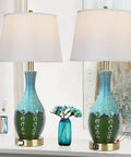 Dope Teal Green Ceramic Table Lamps Set Of 2, Mid Century Modern Vase-Shaped Lamps With Linen Shade, USB ports visible