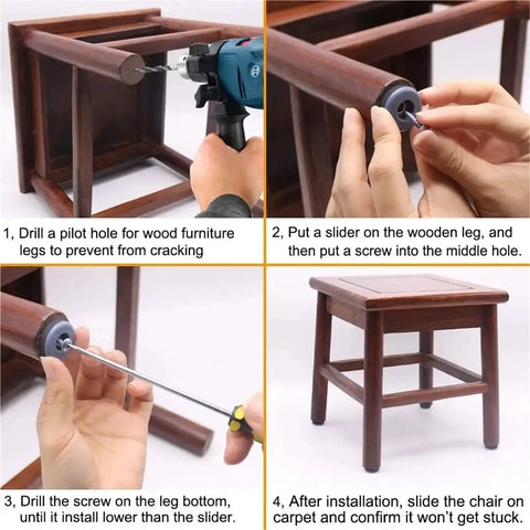 Heavy Duty Furniture Sliders For Hardwood Floors And Carpets Reusable Chair Leg Glides With Screws Easy Install showing installation steps on wooden chair legs.