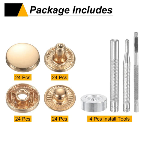24 Pair Pro-Grade Brass Snap Buttons 15mm Gold Press Studs Fastener Kit 4 Install Tools shown together in a layout.