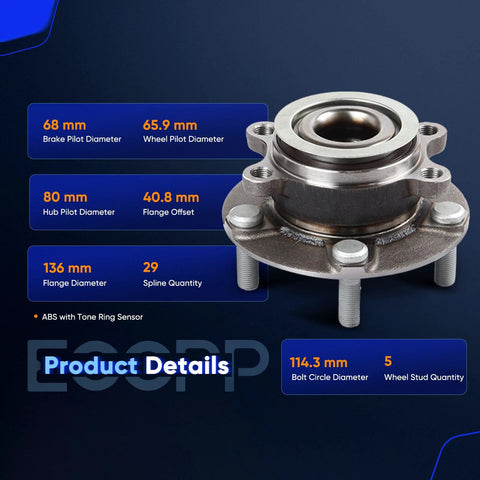 Front Wheel Hub Bearing Assembly With ABS 5 Lug For Nissan Rogue 2008 To 2013, Rogue Select 2014 To 2015, Sentra 2007 To 2012, Renault Koleos 2009, OE 513298 Pair Ready To Roll product dimensions and specifications.