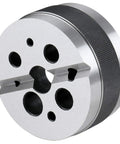 Machinist Bench Block 3 Inch Diameter 1.5 Inch Height Hardened Ground Steel With 1/8 to 5/8 Inch Holes Knurled Edge For Secure Grip V Groove Across Face For Round Stock Pin Driving And Drilling, front view
