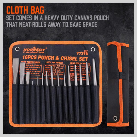 HORUSDY 16-piece punch and chisel set in a black canvas roll with orange trim; includes taper, pin, center punches and cold chisels.