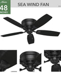 Low Profile 48 Inch Ceiling Fan No Light For Indoor Or Outdoor Use Damp Rated Flush Mount Matte Black With Five Blades Sea Wind 53118 Patio Porch Garage Living Room Ready