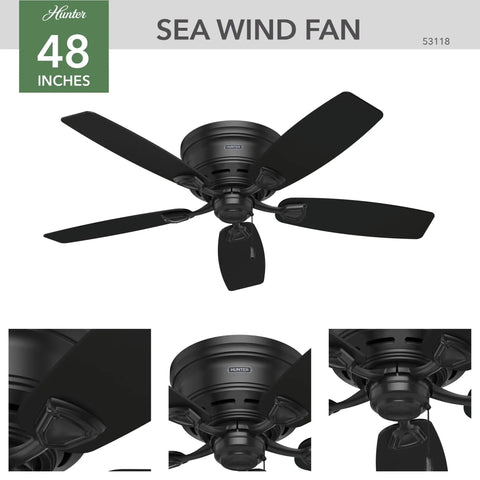 Low Profile 48 Inch Ceiling Fan No Light For Indoor Or Outdoor Use Damp Rated Flush Mount Matte Black With Five Blades Sea Wind 53118 Patio Porch Garage Living Room Ready