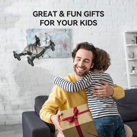 Father and child with gift box, D20 Mini Drone For Kids With 1080P FPV Camera Remote Control Toy Silver flying above them