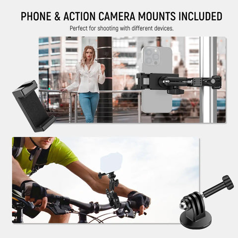Workhorse Heavy Duty Super Clamp with dual ballhead holding phone on railing and action camera on bike mount