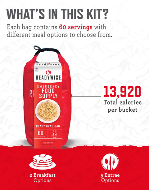 7 Day Emergency Food Kit For Bug Out And Camping With 60 Servings Of Freeze Dried Breakfast And Entrees Survival Meals For Outages And Hurricanes Long Lasting Up To 25 Year Shelf Life red bag with 60 servings label
