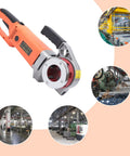 Heavy Duty Electric Pipe Threader With Tough As Nails Ergonomic Grip For No Sweat Ratcheting Action Includes Six Precision Dies For Half Inch To Two Inch Pipes, close-up of corded tool with ergonomic handle.