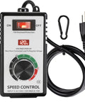 Front view of AC 120V 15A Speed Controller Regulator with LED display and knob, featuring overload protection and power cord