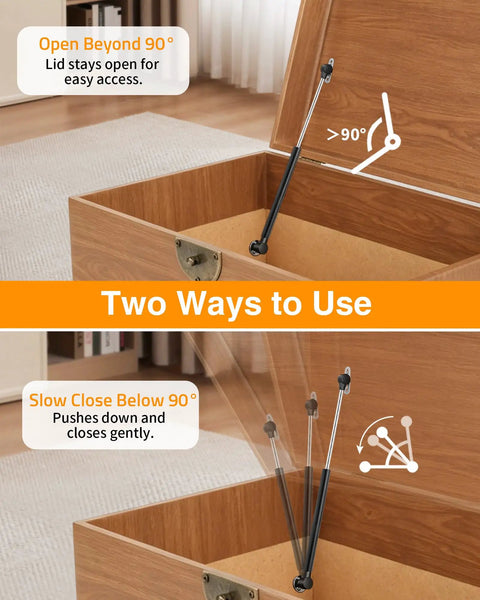 Two Pack 15 Inch Toy Box Hinges With 150N Gas Strut For Slow Gentle Close showing lid open and soft close mechanism