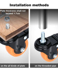 Caster Wheels 2 Inch Swivel Set Of Four Heavy Duty 600 Lbs Per Caster Half Inch 13 Threaded By One Inch Shafts Dual Locking Industrial Castors Smooth Quiet With Brakes For Cart And Equipment installation method showing wheel attached to wooden board and pipe.