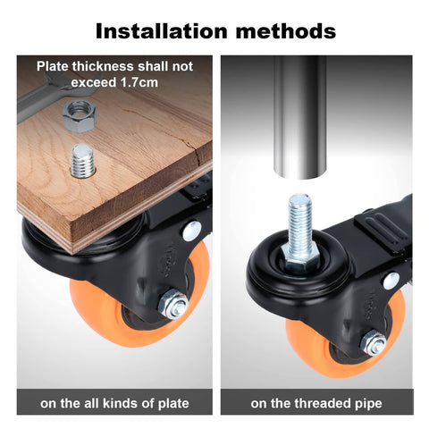 Caster Wheels 2 Inch Swivel Set Of Four Heavy Duty 600 Lbs Per Caster Half Inch 13 Threaded By One Inch Shafts Dual Locking Industrial Castors Smooth Quiet With Brakes For Cart And Equipment installation method showing wheel attached to wooden board and pipe.