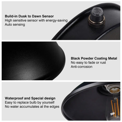 Close-up of dusk to dawn sensor, black powder coating, waterproof design on Dusk to Dawn Exterior Barn Light With Gooseneck Design.