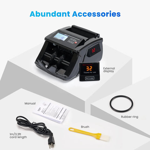 Pro Grade High Speed Money Counter Machine With UV MG IR DD Detection, shown with accessories including manual, brush, and cord