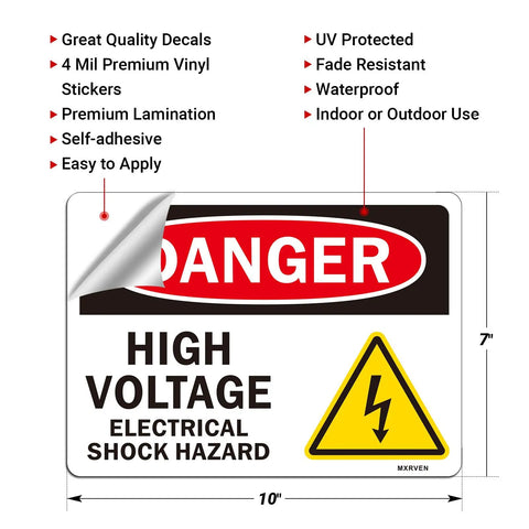 Heavy Duty Danger High Voltage Warning Signs Five Pack Tough As Nails Weatherproof Electrical Shock Hazard Decals 10x7 inches