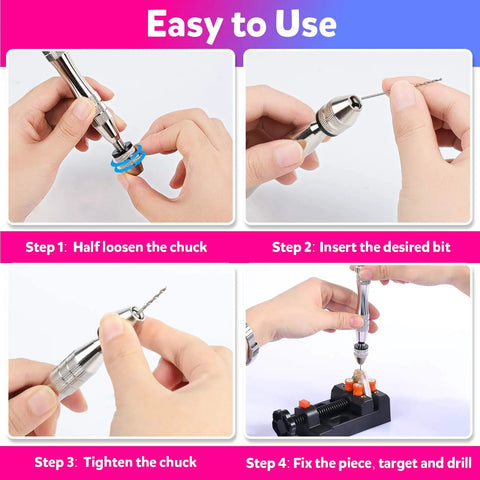 Step-by-step use of All In One Grab And Go Hand Drill Kit With Pin Vise And Drill Press Vise For DIY Jewelry And Keychain Making