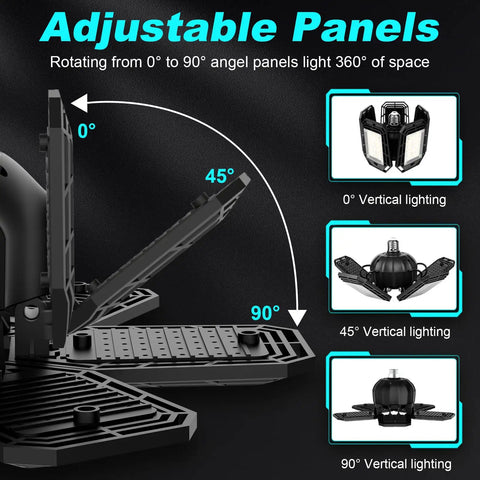 Deformable LED Garage Light With Six Adjustable Panels For Garage, Workshop And Basement E26 E27 showing panel angles 0-90°