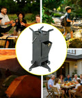 Collage of Portable Rocket Stove For Camping And Outdoor Cooking Wood Burning Stove With Foldable Design Lightweight Rust Resistant Steel 45 Degree Tilt Easy Door Access Ideal For Campfires Picnics BBQs And Backyard Heating Black amidst outdoor scenarios.