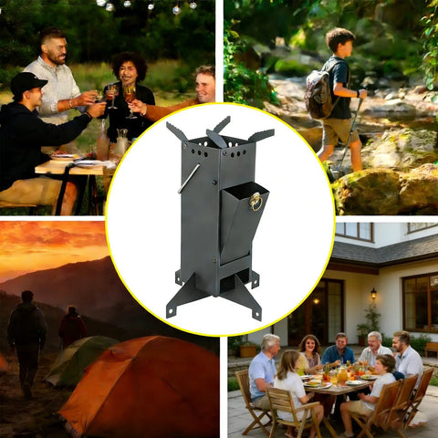Collage of Portable Rocket Stove For Camping And Outdoor Cooking Wood Burning Stove With Foldable Design Lightweight Rust Resistant Steel 45 Degree Tilt Easy Door Access Ideal For Campfires Picnics BBQs And Backyard Heating Black amidst outdoor scenarios.