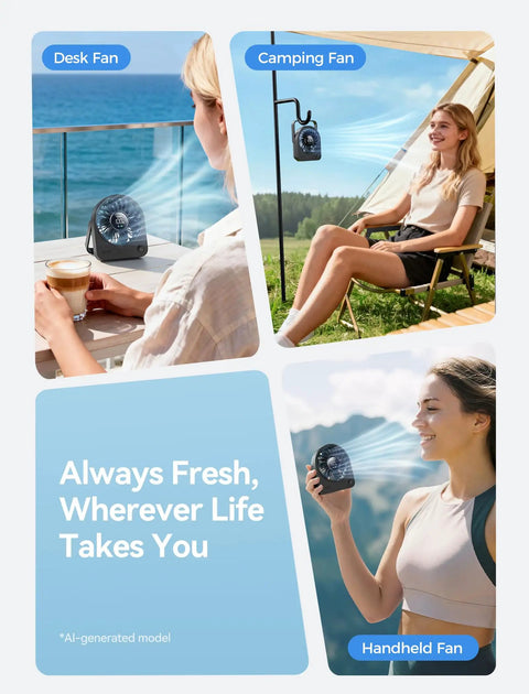 Person using Tiny USB Desk Fan You Can Take Anywhere With Quiet 4 Speed Rechargeable Battery Powered Personal Fan for travel use.