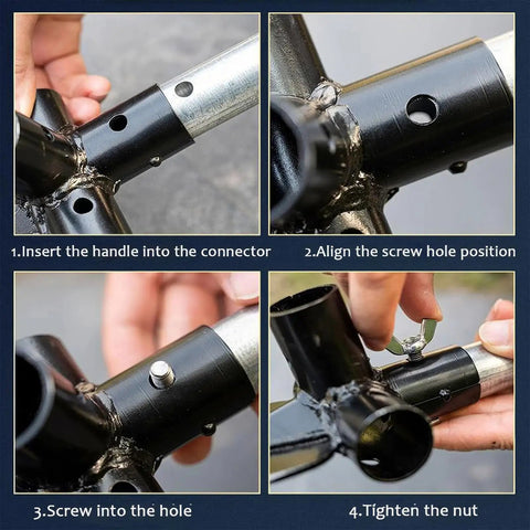 Assembly process for Heavy Duty Manganese Steel Garden Shovel Set For Landscaping And Outdoor Cleanup with screw and connector.