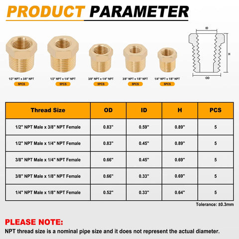 Diagram of Must Have Brass Hex Bushing Kit 25 Pcs Fittings NPT Reducers with sizes and specifications.
