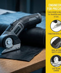 Lightweight Cordless Electric Scissors With Safety Lock For Easy Cutting Cardboard Fabric Leather Rope Plastic Carpet Perfect For Home DIY Craft Projects And General Household Tasks With Fast Usb Charging And Dual Blades Included For Efficient Workflow on a wooden work surface cutting black leather.