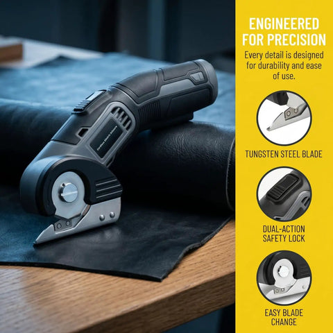 Lightweight Cordless Electric Scissors With Safety Lock For Easy Cutting Cardboard Fabric Leather Rope Plastic Carpet Perfect For Home DIY Craft Projects And General Household Tasks With Fast Usb Charging And Dual Blades Included For Efficient Workflow on a wooden work surface cutting black leather.