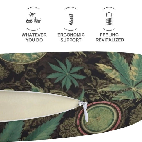A Puff In Time Weed Marijuana Travel Pillow U Shape Memory Foam Neck Support showing zippered cover with leaf pattern design.