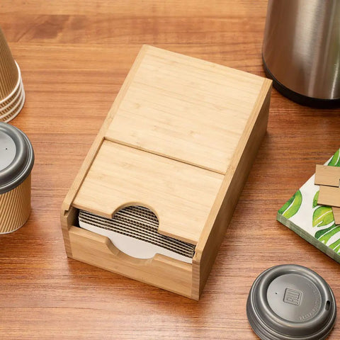 Spring Loaded Coffee Sleeve Dispenser For Homes And Restaurants Natural Bamboo Cup Sleeve Organizer Compact Holder on table