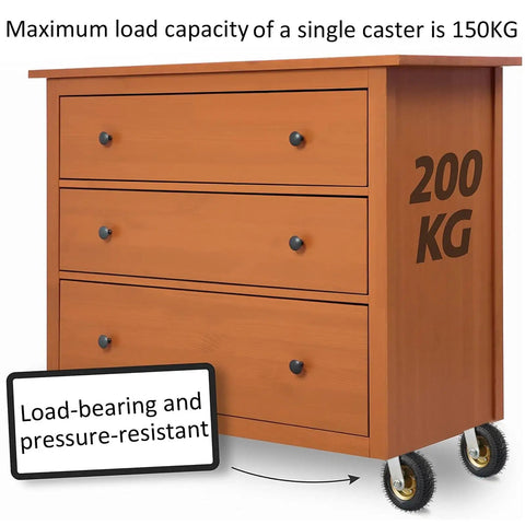 Heavy Duty Pneumatic Caster Wheels Pair With Shock Absorbing Rubber Tires Reinforced Steel Brackets For Smooth Sail Furniture Rolling setup on wooden drawer cabinet.