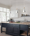 White Plug In Pendant Light Dope Cone Farmhouse Style for kitchen island, cone-shaped hanging lamps in modern kitchen setting