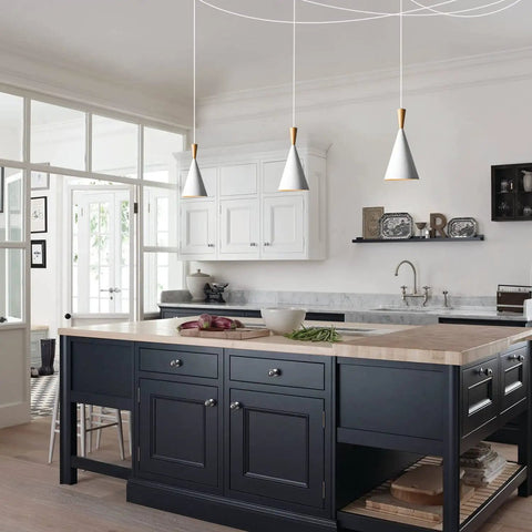 White Plug In Pendant Light Dope Cone Farmhouse Style for kitchen island, cone-shaped hanging lamps in modern kitchen setting