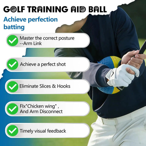 Golf Training Ball Clips Between Your Arms To Sync Arm And Body Motion, Improve Impact Accuracy, Fix Slices Scooping And Chicken Wings, Make Practice Efficient With This Easy Swing Trainer For Home Or Range. golf training aid with ball between arms, black and blue