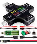 2 In 1 USB C Tester With Color Screen IPS Digital Multimeter showing voltage, with clip cable and adapters included