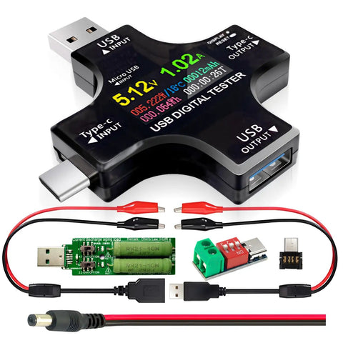 2 In 1 USB C Tester With Color Screen IPS Digital Multimeter showing voltage, with clip cable and adapters included