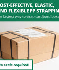 Top Shelf Semi-Automatic Table Top Strapping Machine Kit With 1/2 Inch By 9900 Feet White PP Polypropylene Strapping Roll No Seals Required For Rock Solid Shipping Banding Tasks That Actually Make The Job Fly, packaging carton secured with black PP strapping.