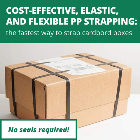 Top Shelf Semi-Automatic Table Top Strapping Machine Kit With 1/2 Inch By 9900 Feet White PP Polypropylene Strapping Roll No Seals Required For Rock Solid Shipping Banding Tasks That Actually Make The Job Fly, packaging carton secured with black PP strapping.