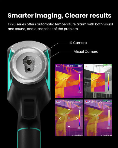 TR20 Pro Dual Lens Thermal Imaging Camera showing IR and visual camera features with imaging modes and results.