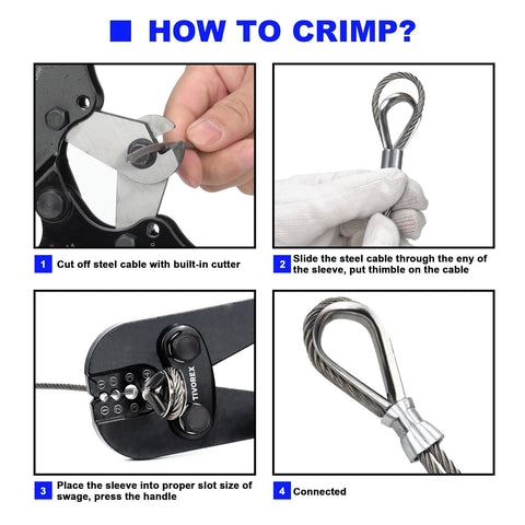 Step-by-step guide using Wire Rope Crimping Tool Kit With Built In Cutter And Swaging Tool Pro Grade Crimp Loop Sleeve Set