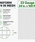 Knockout Tough 1/4 Inch Hot Dip Galvanized Wire Mesh Hardware Cloth 23 Gauge 24 In Wide By 100 Ft Long showing even openings.
