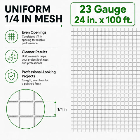 Knockout Tough 1/4 Inch Hot Dip Galvanized Wire Mesh Hardware Cloth 23 Gauge 24 In Wide By 100 Ft Long showing even openings.