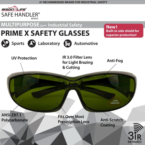 Built Tough Kickass IR3 Welding Safety Glasses With Anti Fog And Anti Scratch Wrap Around Lenses UV Shield Flexible Fit ANSI Z87 Certified Smooth Vision For Daily Grind Case Of 144 Units, green lenses with anti-fog and side shields.