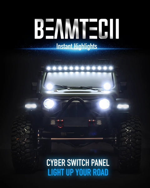 Front view of vehicle with Beamtech lights featuring 8 Gang RGB Switch Panel With Multi Function On Off Memory Dimmer Pulse Toggle.