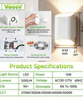 VOOOV 7.9 Inch White LED Wall Sconce Includes 5CCT Dimmable Lighting with COB module and driver details.